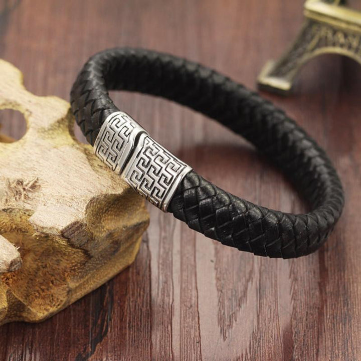 Geometric Tribal Stainless Steel Magnetic Clasp Woven Leather Bracelet Bracelets