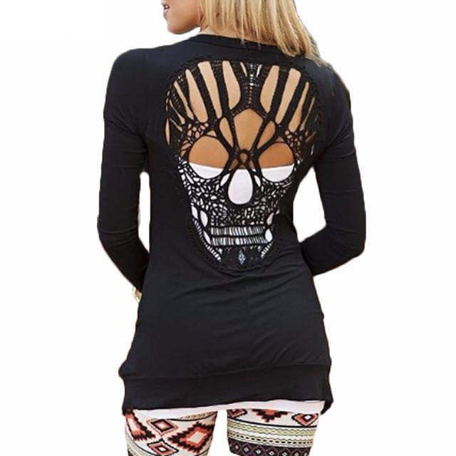 Hollow Back Lace Skull Cardigan Black / L Clothing