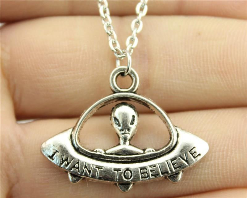 I Want To Believe UFO Necklace Antique Silver Plated Necklaces