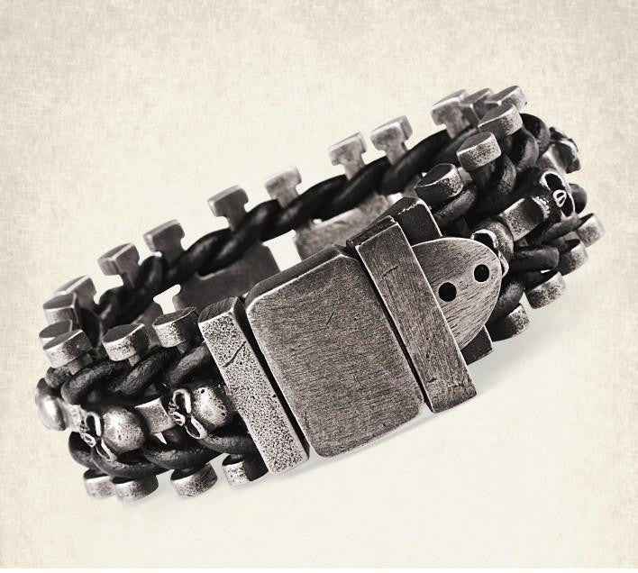 Leather Woven Stainless Steel Skull Bracelet Bracelets