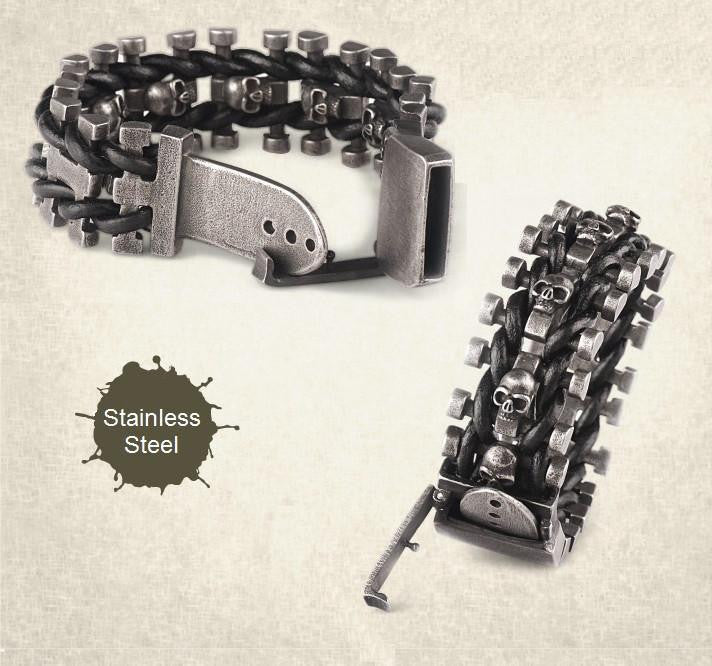 Leather Woven Stainless Steel Skull Bracelet Bracelets