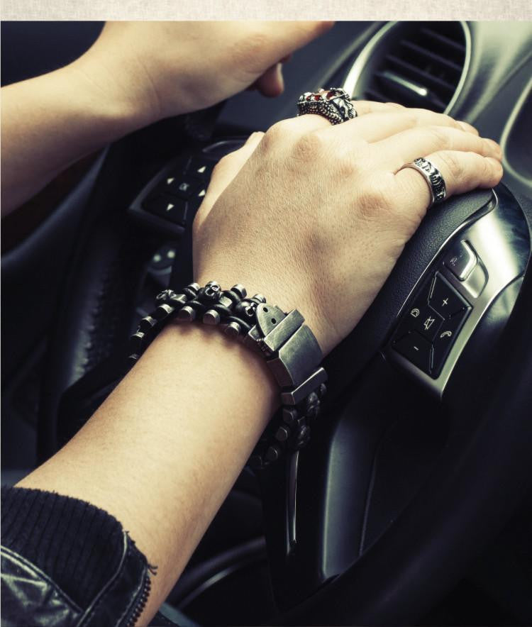 Leather Woven Stainless Steel Skull Bracelet Bracelets