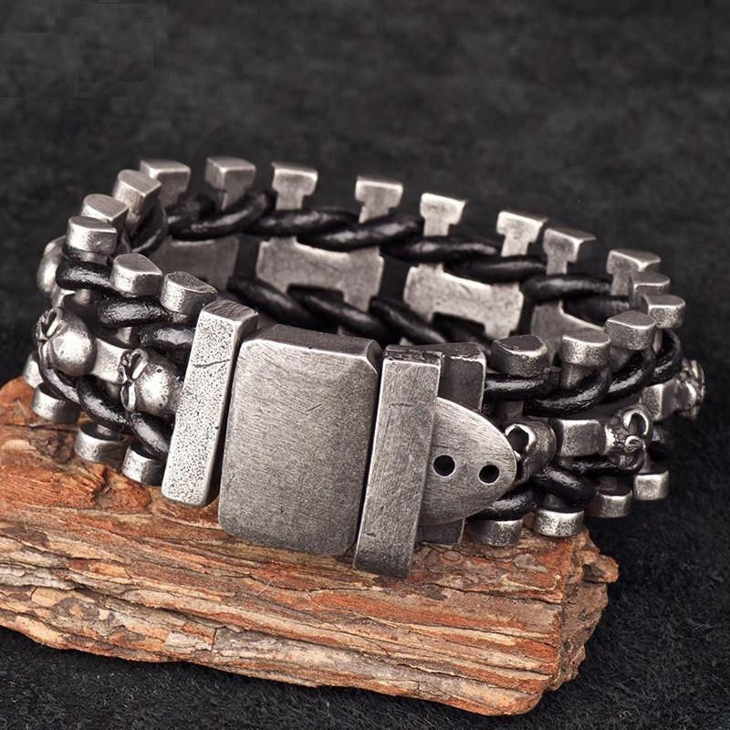 Leather Woven Stainless Steel Skull Bracelet Bracelets