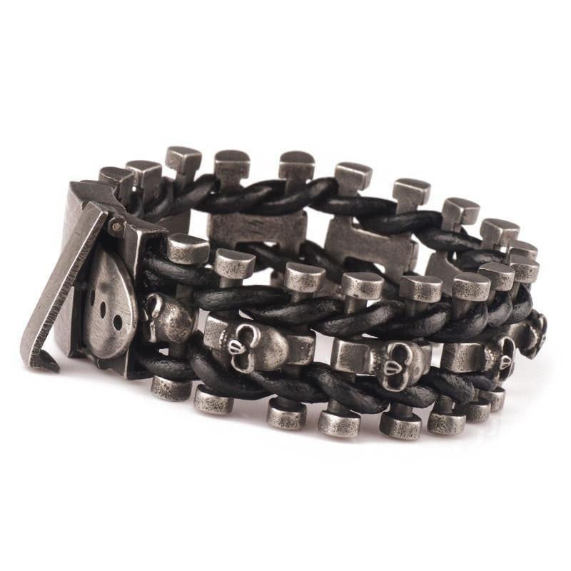 Leather Woven Stainless Steel Skull Bracelet Bracelets