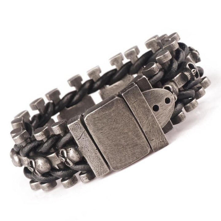 Leather Woven Stainless Steel Skull Bracelet Bracelets