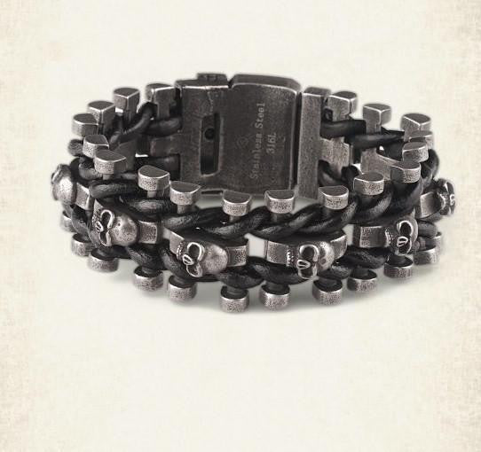 Leather Woven Stainless Steel Skull Bracelet Bracelets