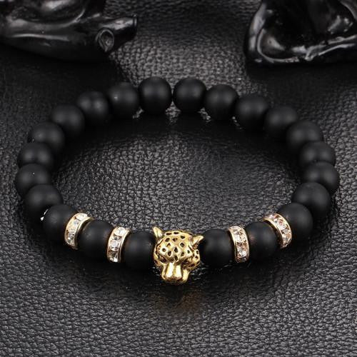 Leopard Charm Natural Stone Beads Bracelet Black Agate - Gold Bracelets