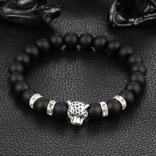 Leopard Charm Natural Stone Beads Bracelet Black Agate - Silver Bracelets