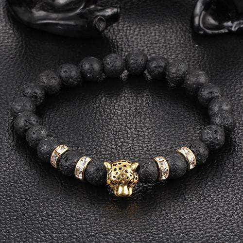 Leopard Charm Natural Stone Beads Bracelet Lava Stone - Gold Bracelets