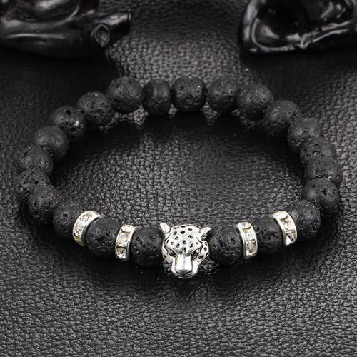 Leopard Charm Natural Stone Beads Bracelet Lava Stone - Silver Bracelets