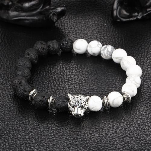 Leopard Charm Natural Stone Beads Bracelet Lava Stone / White Turquoise - Silver Bracelets