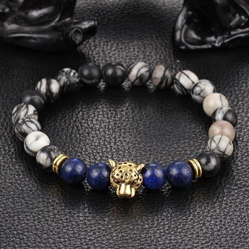 Leopard Charm Natural Stone Beads Bracelet Marble Agate \ Lapis Lazuli - Gold Bracelets