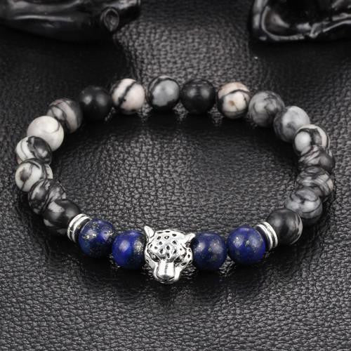 Leopard Charm Natural Stone Beads Bracelet Marble Agate \ Lapis Lazuli - Silver Bracelets