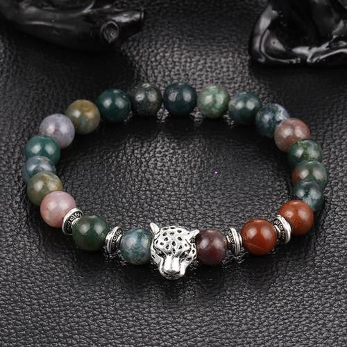 Leopard Charm Natural Stone Beads Bracelet Mixed Agate - Silver Bracelets