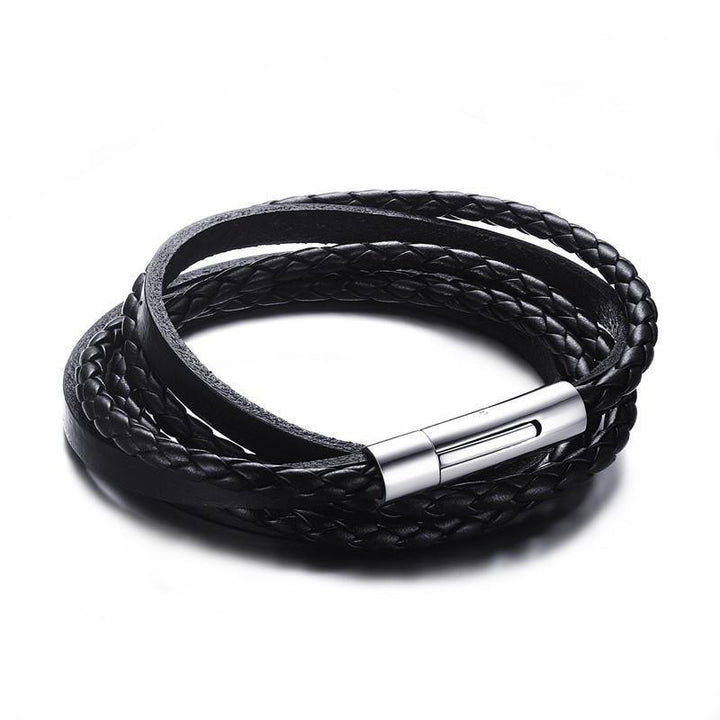 Multiwrap Genuine Black Leather Stainless Steel Bracelet Bracelets