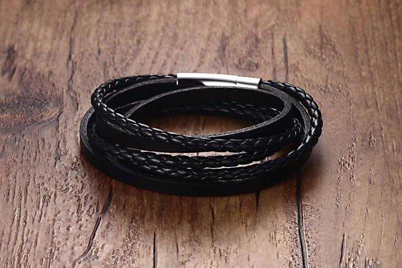 Multiwrap Genuine Black Leather Stainless Steel Bracelet Bracelets