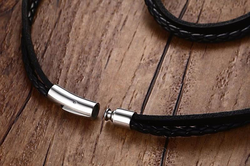 Multiwrap Genuine Black Leather Stainless Steel Bracelet Bracelets