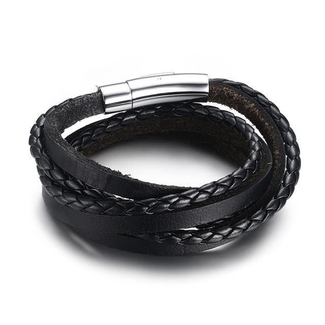 Multiwrap Genuine Black Leather Stainless Steel Bracelet Default Title Bracelets