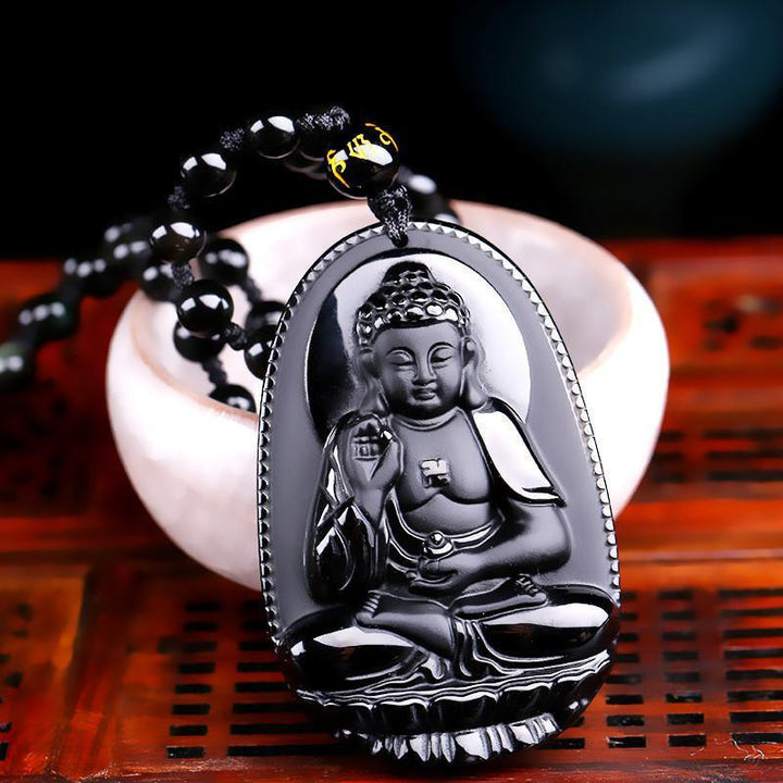 Natural Obsidian Hand Carved Buddha Amulet Pendant Necklace Buddha Necklace 1 Necklaces