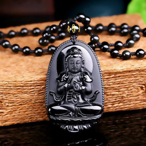 Natural Obsidian Hand Carved Buddha Amulet Pendant Necklace Buddha Necklace 2 Necklaces