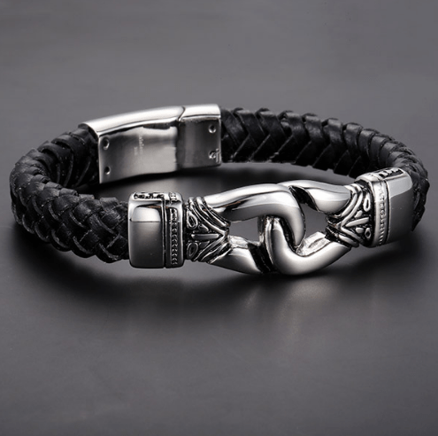 Stainless Steel Aztec Braided Leather Bracelet Silver Bracelets