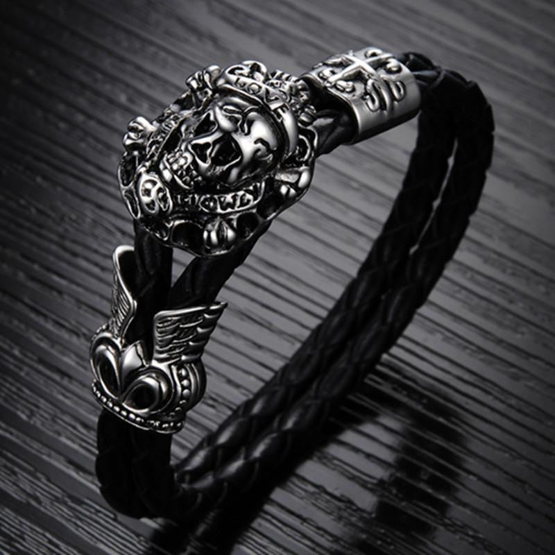 Stainless Steel Emblem Woven Leather Rope Bracelet Bracelets