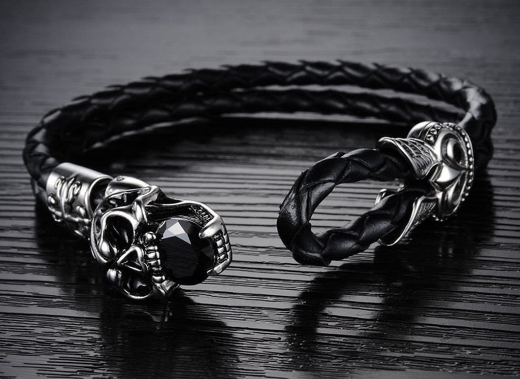 Stainless Steel Emblem Woven Leather Rope Bracelet Bracelets