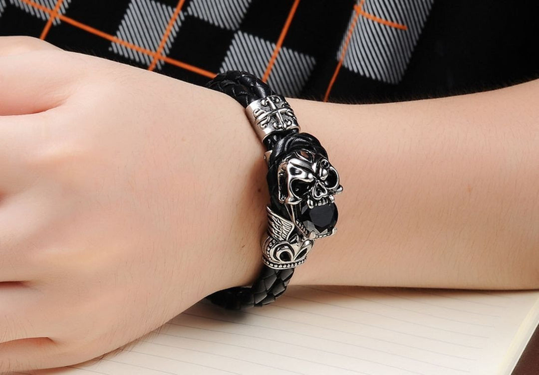 Stainless Steel Emblem Woven Leather Rope Bracelet Bracelets