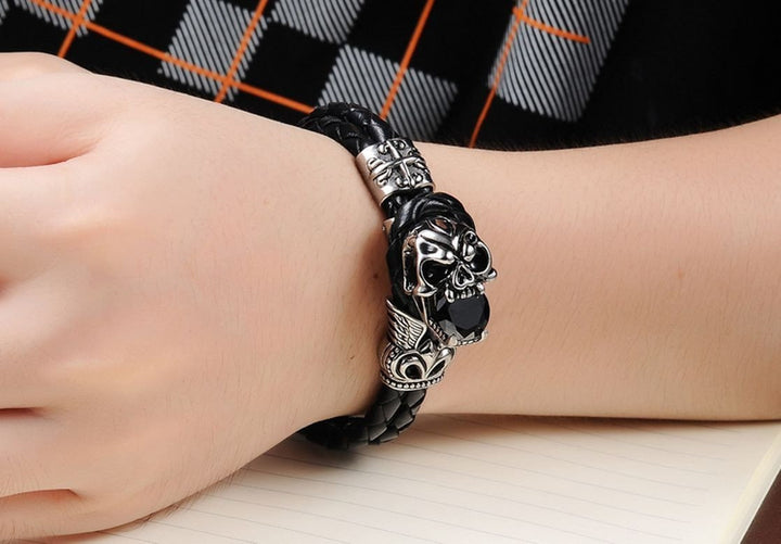 Stainless Steel Emblem Woven Leather Rope Bracelet Bracelets