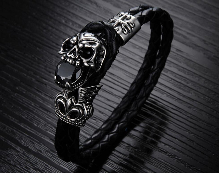 Stainless Steel Emblem Woven Leather Rope Bracelet Bracelets