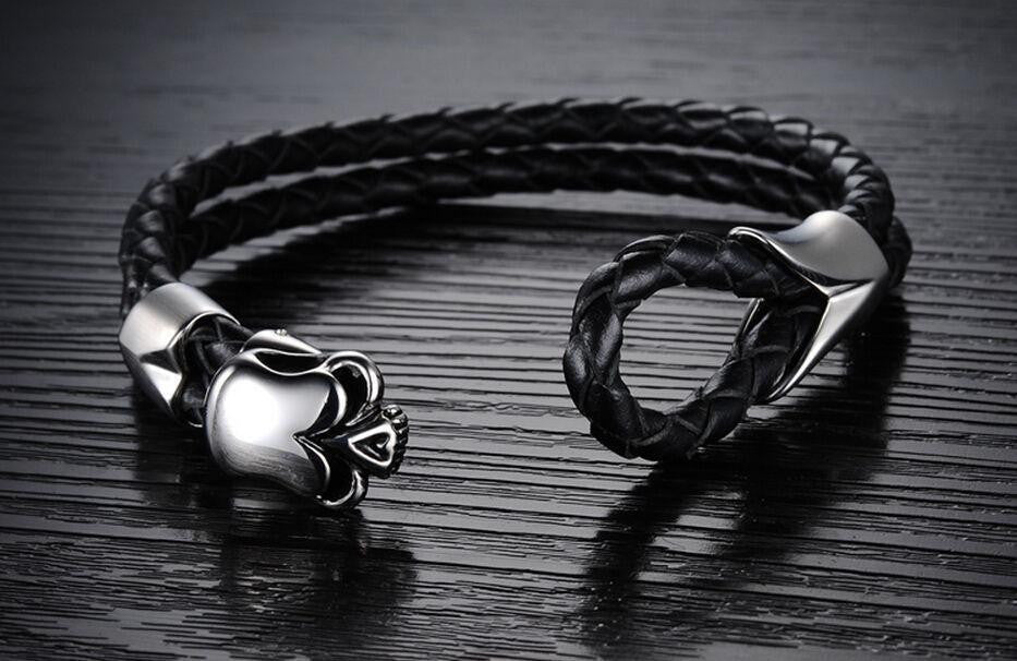 Stainless Steel Emblem Woven Leather Rope Bracelet Bracelets