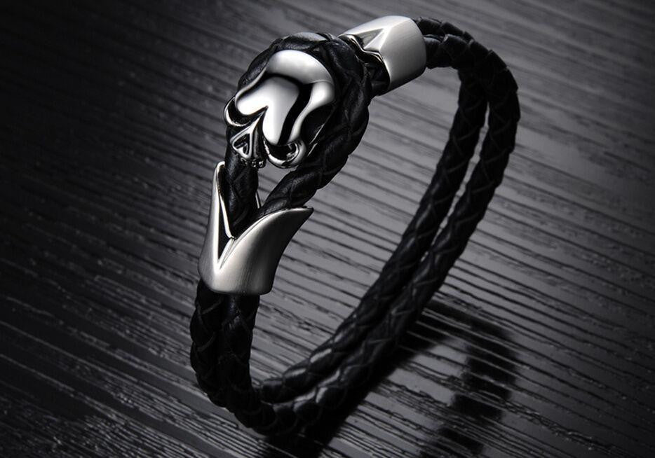 Stainless Steel Emblem Woven Leather Rope Bracelet Bracelets