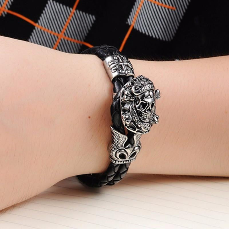 Stainless Steel Emblem Woven Leather Rope Bracelet Bracelets