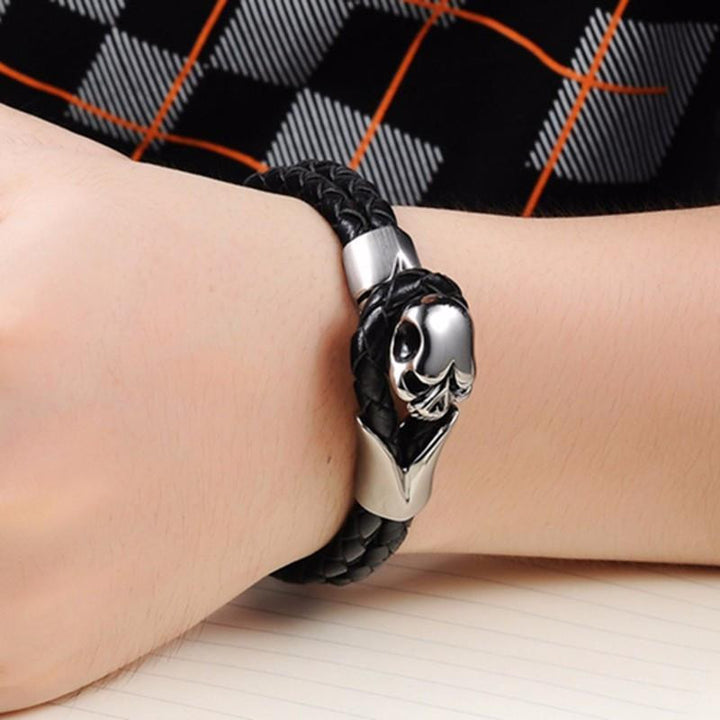 Stainless Steel Emblem Woven Leather Rope Bracelet Bracelets