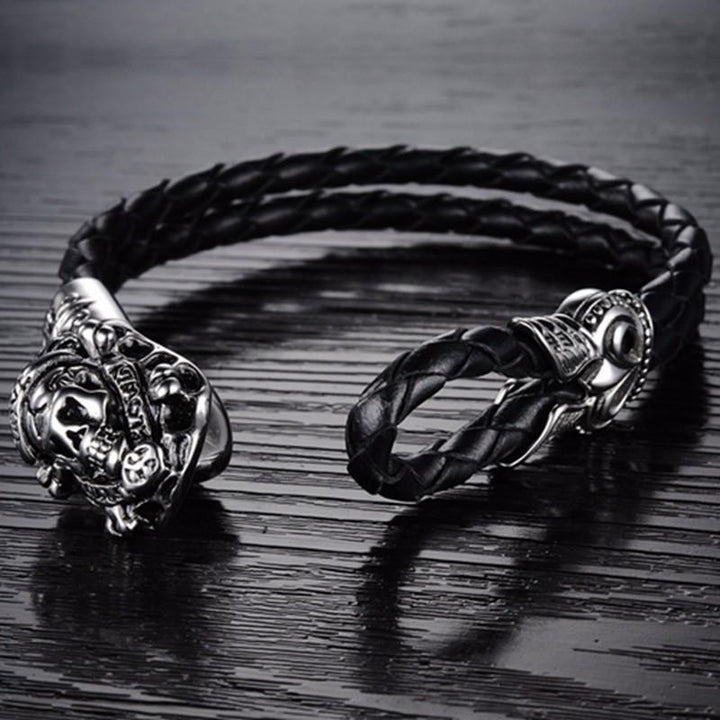 Stainless Steel Emblem Woven Leather Rope Bracelet Bracelets