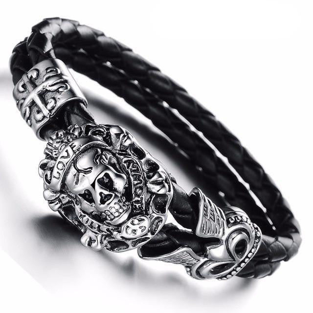 Stainless Steel Emblem Woven Leather Rope Bracelet Skull A / 20cm Bracelets