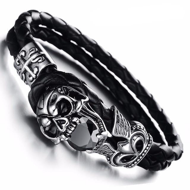 Stainless Steel Emblem Woven Leather Rope Bracelet Skull B / 20cm Bracelets