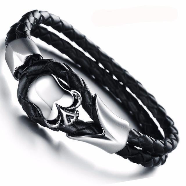 Stainless Steel Emblem Woven Leather Rope Bracelet Skull C / 20cm Bracelets