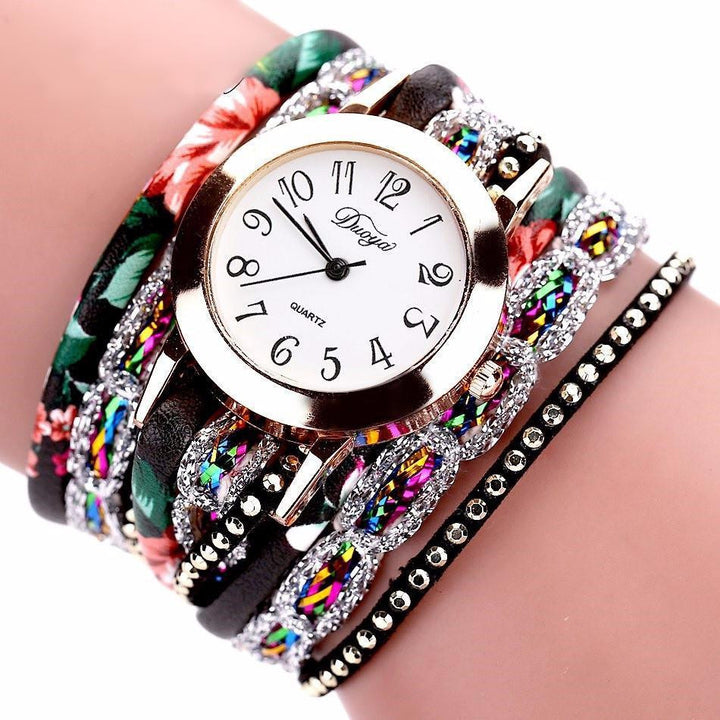 Stainless Steel Floral Crystal Studded Wrap Bracelet Watch Floral Black Watches