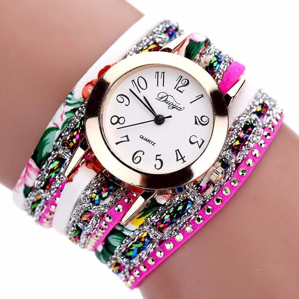 Stainless Steel Floral Crystal Studded Wrap Bracelet Watch Floral Hot Pink Watches