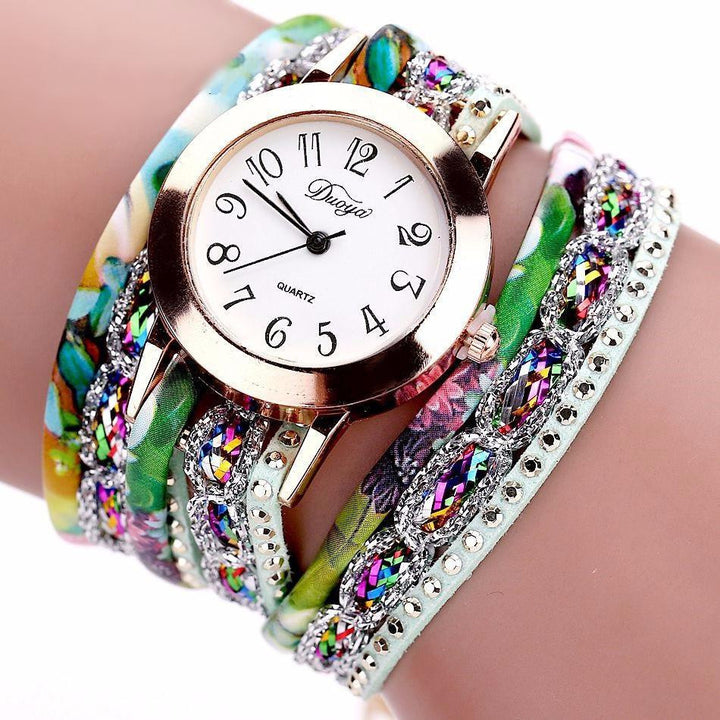 Stainless Steel Floral Crystal Studded Wrap Bracelet Watch Floral Light Green Watches