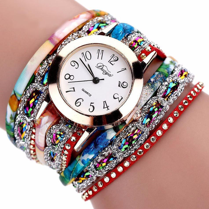 Stainless Steel Floral Crystal Studded Wrap Bracelet Watch Floral Red Watches