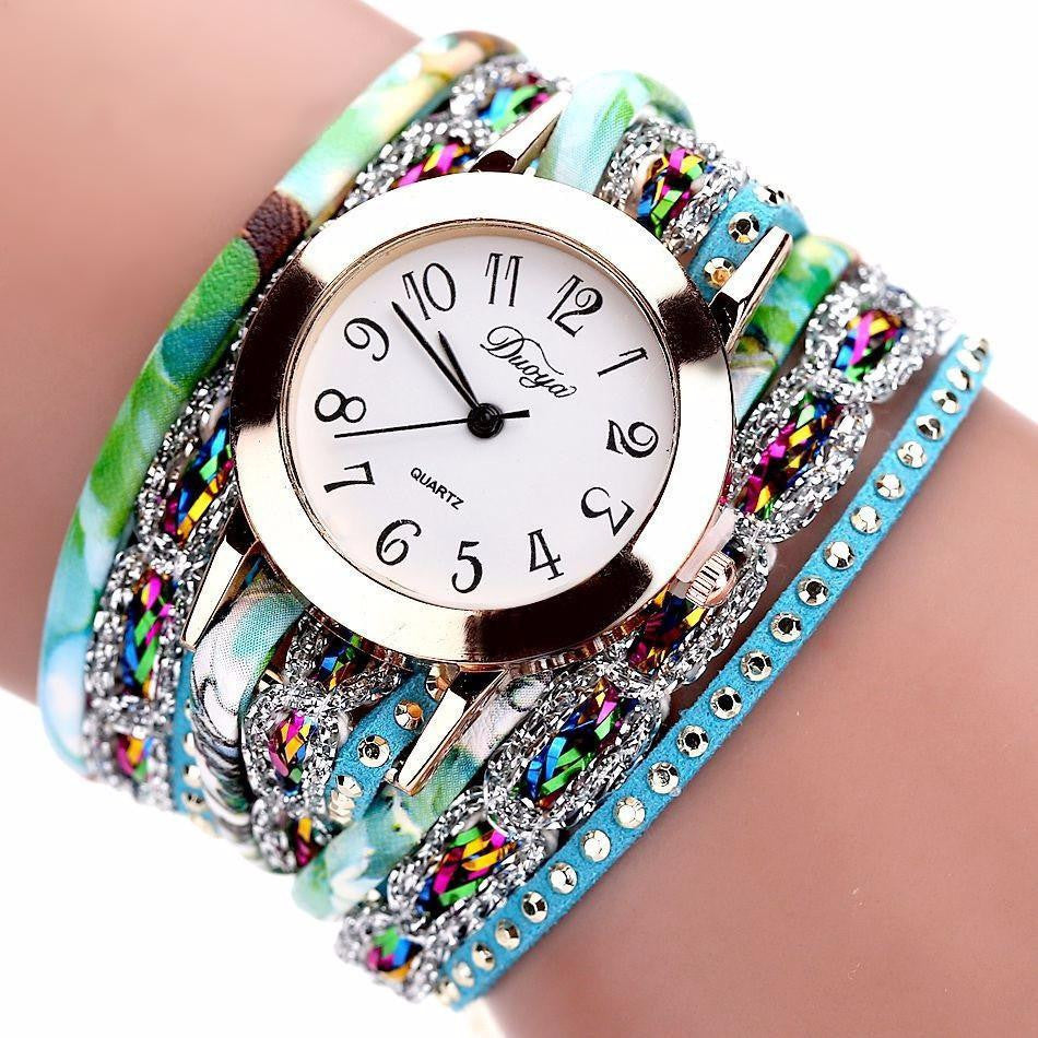 Stainless Steel Floral Crystal Studded Wrap Bracelet Watch Floral Sky Blue Watches