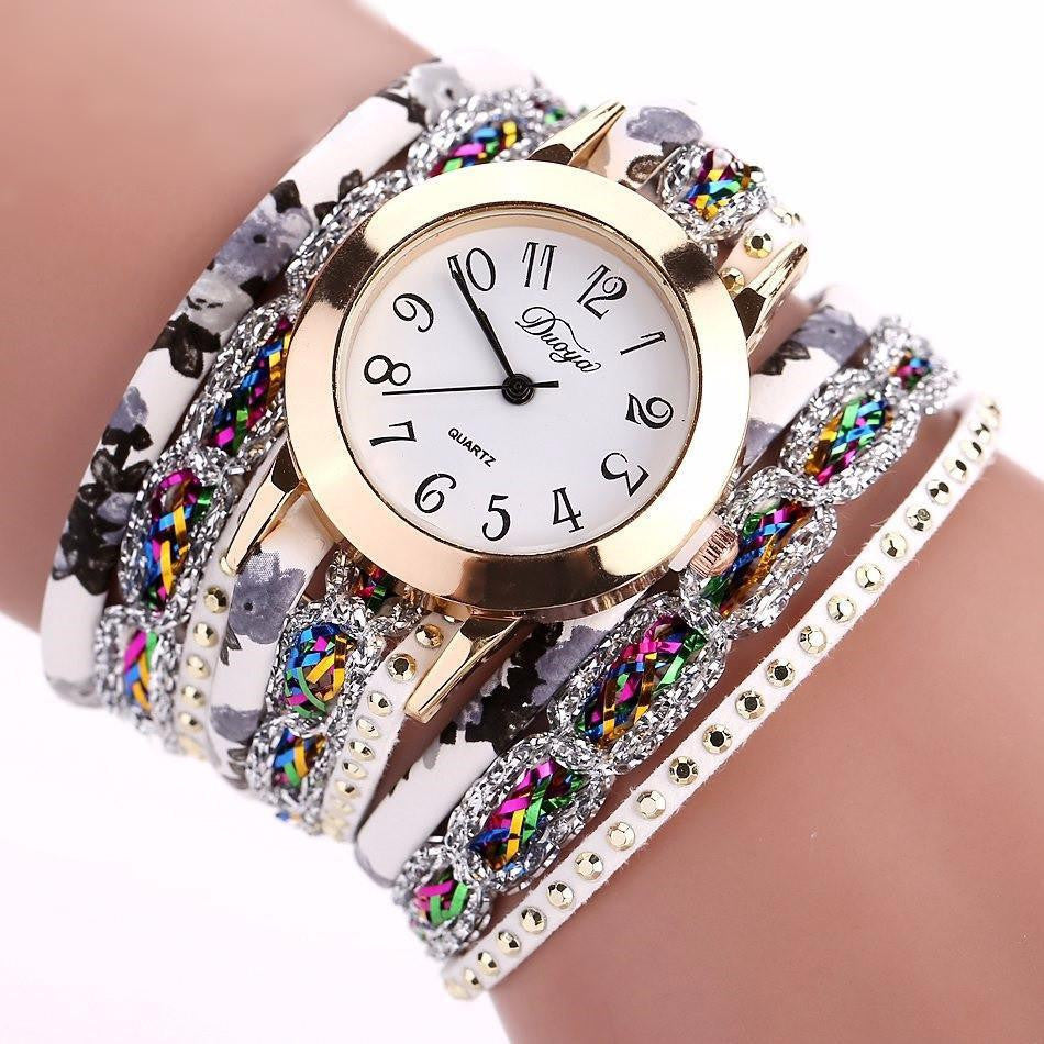 Stainless Steel Floral Crystal Studded Wrap Bracelet Watch Floral White Watches