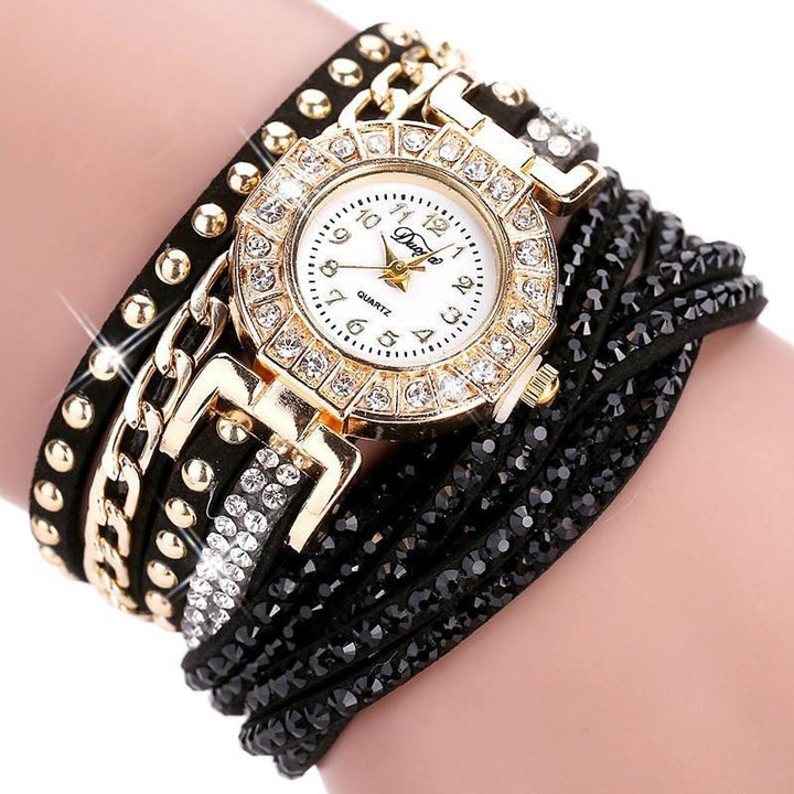 Stainless Steel Floral Crystal Studded Wrap Bracelet Watch Studs Black Watches