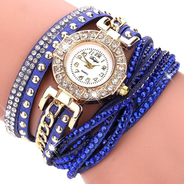 Stainless Steel Floral Crystal Studded Wrap Bracelet Watch Studs Blue Watches