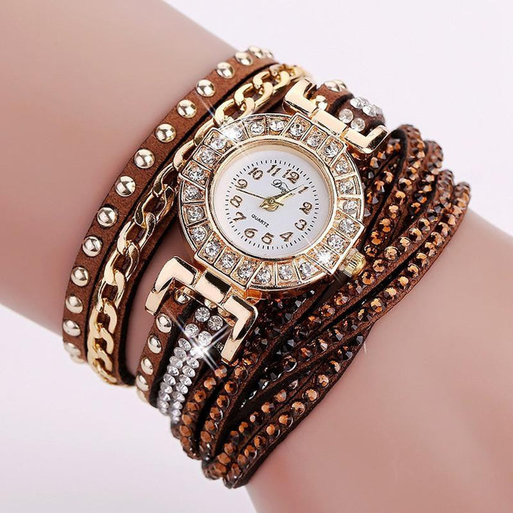 Stainless Steel Floral Crystal Studded Wrap Bracelet Watch Studs Brown Watches