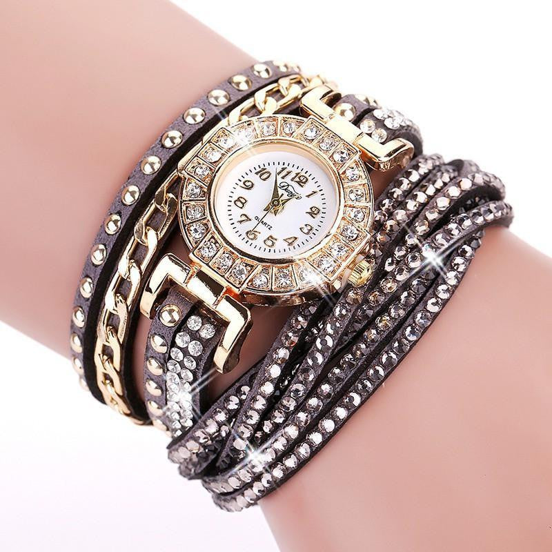 Stainless Steel Floral Crystal Studded Wrap Bracelet Watch Studs Grey Watches