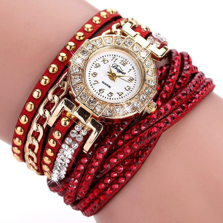 Stainless Steel Floral Crystal Studded Wrap Bracelet Watch Studs Red Watches