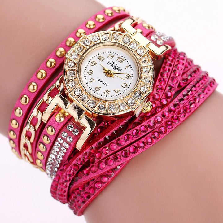 Stainless Steel Floral Crystal Studded Wrap Bracelet Watch Studs Rose Red Watches